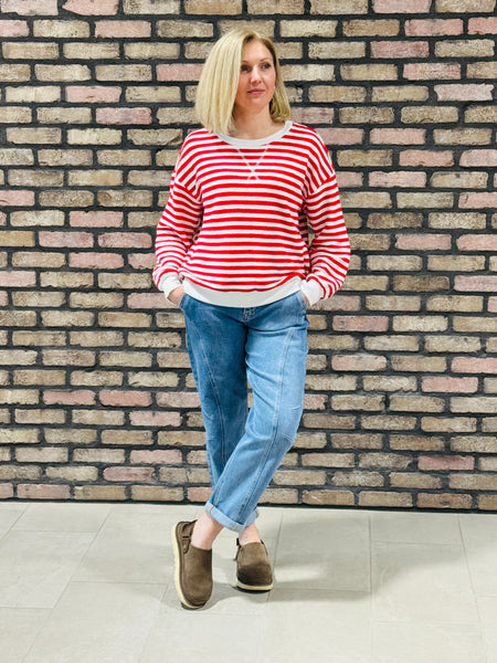 Textured Striped Pullover - Ruby