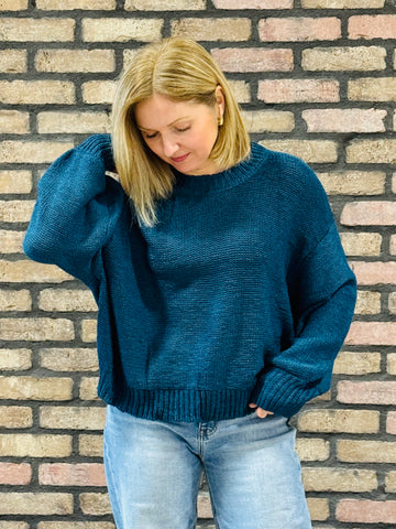 Oversized Balloon Sleeves Sweater - Teal Navy