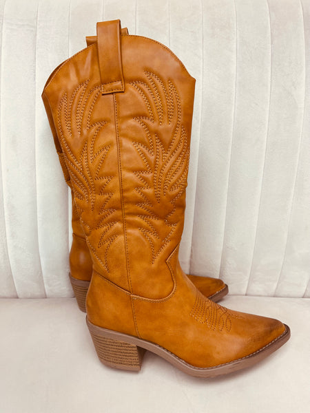 Tall Embroidered Western Boots - Tan