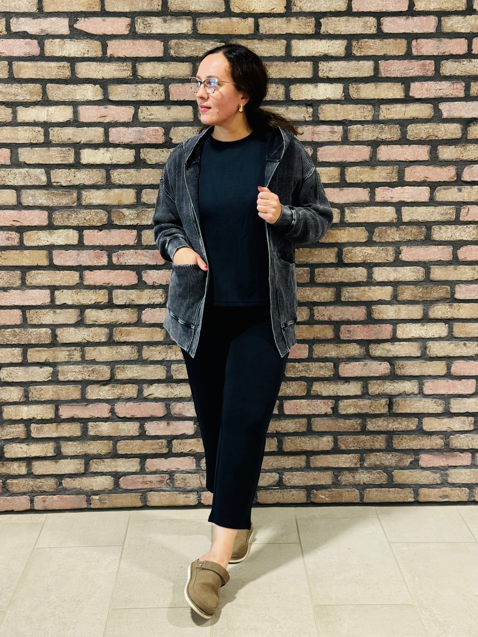 Waffle Washed Cardigan - Black