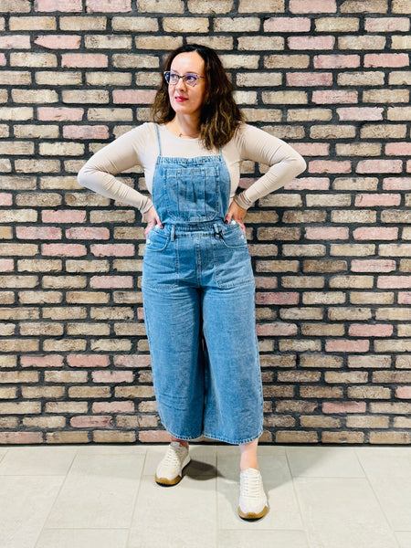 Denim Wide Leg Overalls - Medium Wash
