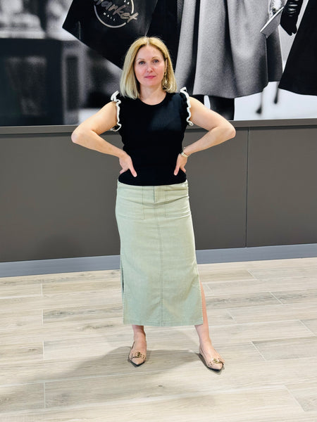 Denim Midi Skirt - Olive