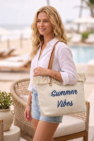Summer Vibe fringe canvas tote bag - ivory