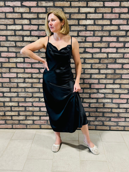 Satin Cowl Neck Midi Dress - Black