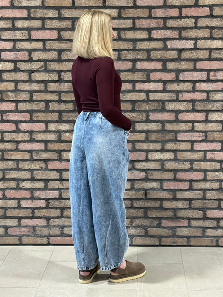 Washed Denim Barrel Pants - Medium Wash