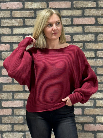 Boat Neck Balloon Sleeves Sweater - Cabernet