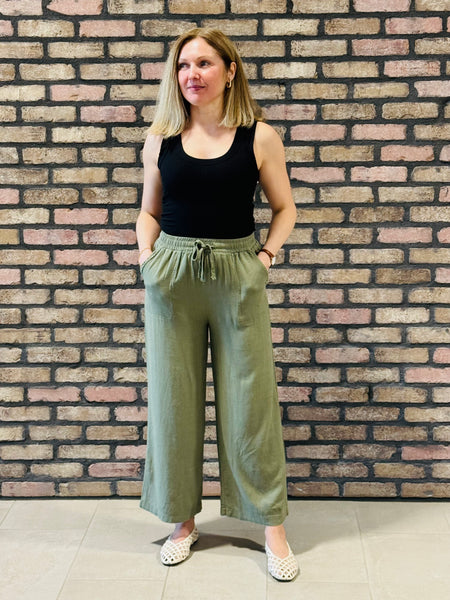 Wide Leg Linen Blend Pants - LT Olive