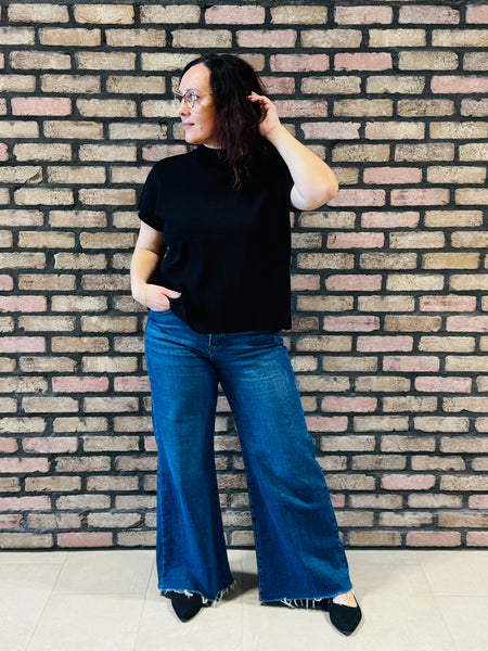 Mock Neck Boxy Sweater Top - Black