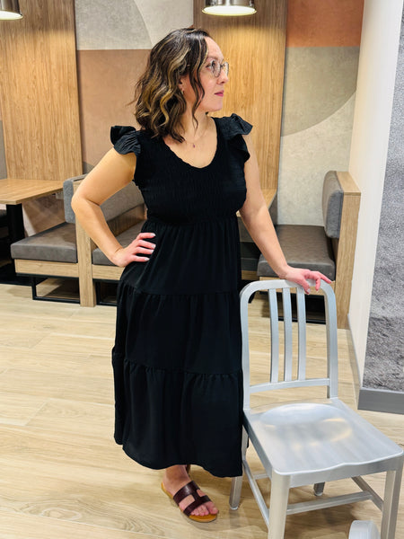 Flutter Sleeves Tiered Midi Dress - Black