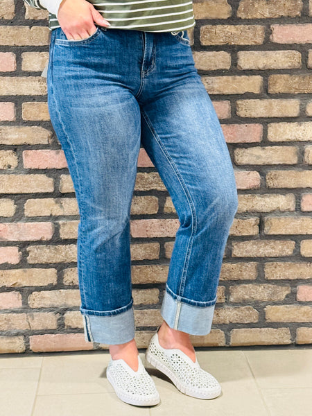 Cuffed Ankle Straight Jeans - Medium Wash