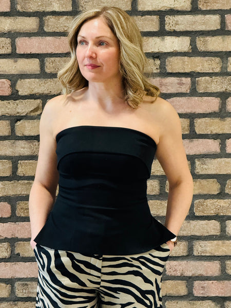 Fold Over Strapless Side Slit Top - Black