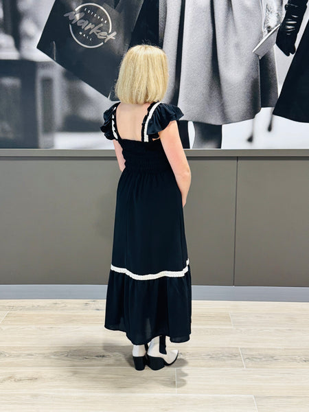 Smocked Ruffle Midi Dress - Black