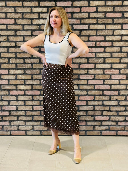 Polka Dot Lace Trim Satin Skirt - Brown