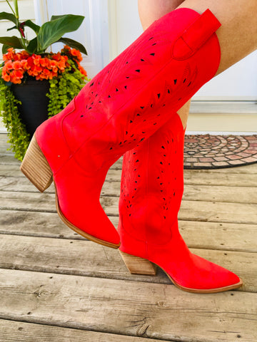 Cutout Detail Cowboy Boots - Red