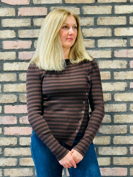 Striped Diagonal Snaps Top - Chocolate