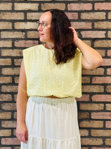 Bubble Hem Cotton Eyelet Top - Pale Yellow