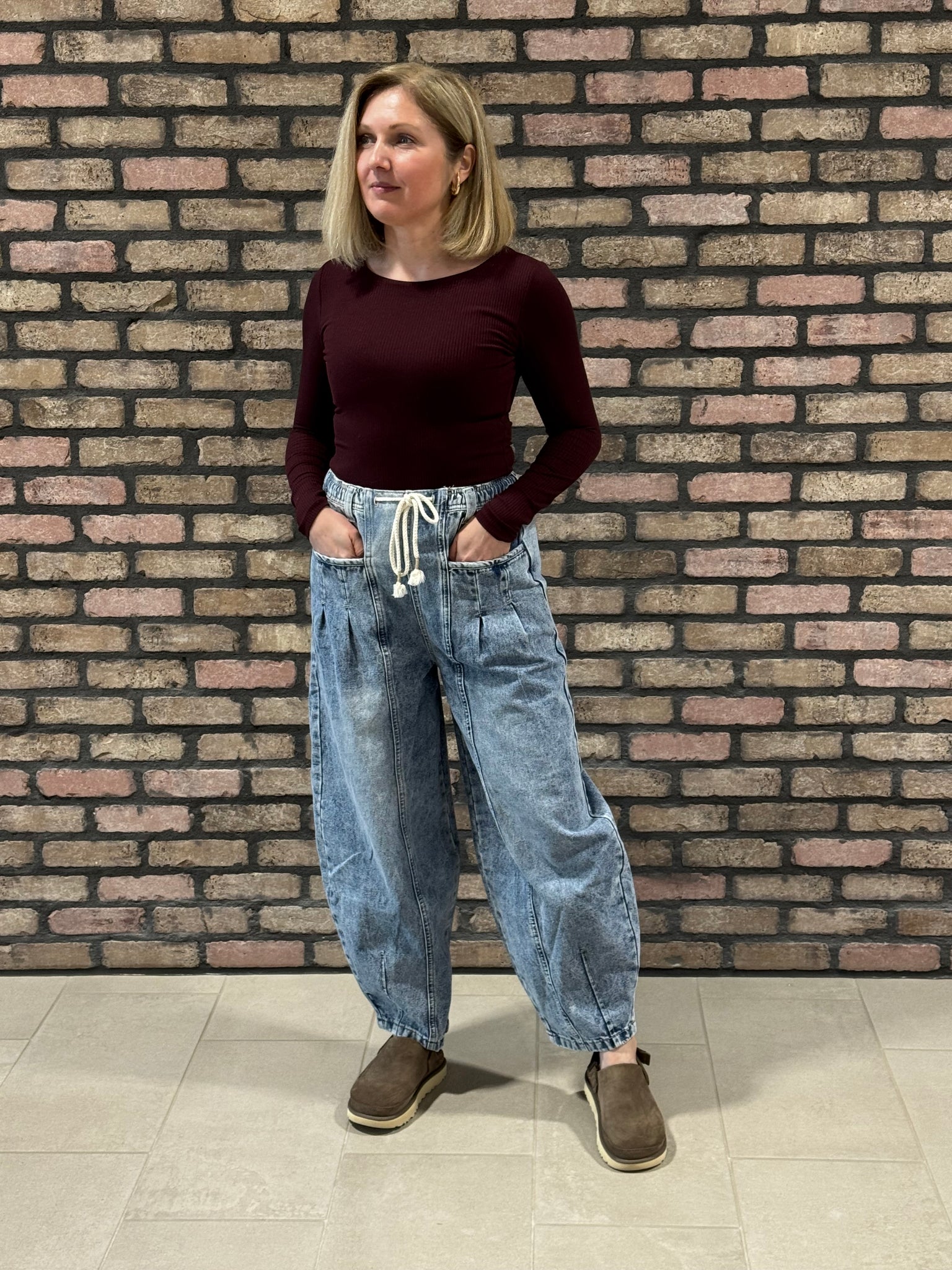 Washed Denim Barrel Pants - Medium Wash
