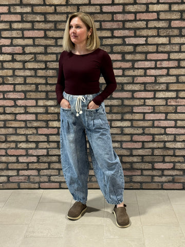 Washed Denim Barrel Pants - Medium Wash