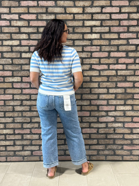 Split Neck Striped Pullover - Cornflower Blue