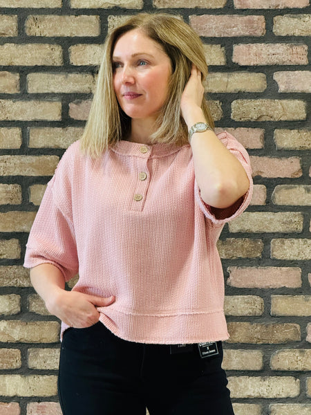 Raw Edge Henley Knit Top - Pink