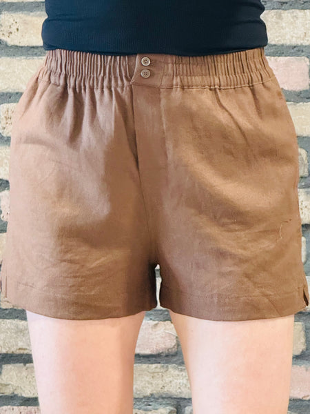 Linen Elastic Waist Shorts - Chocolate