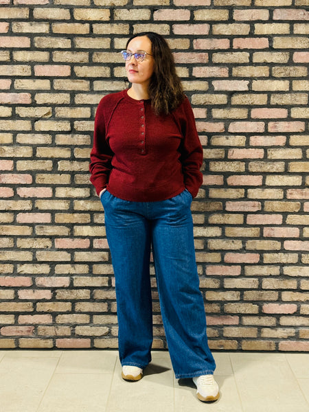 Raglan Sleeves Henley Sweater - Red Wood