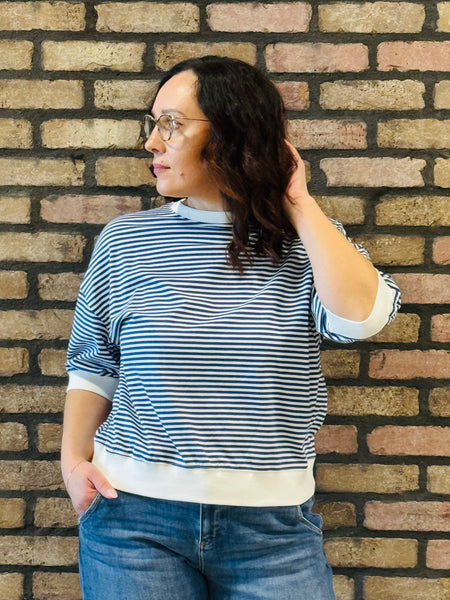 Striped Contrast Trim Top - LT Navy