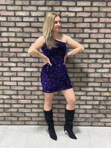 One Shoulder Sequins Mini Dress - Purple