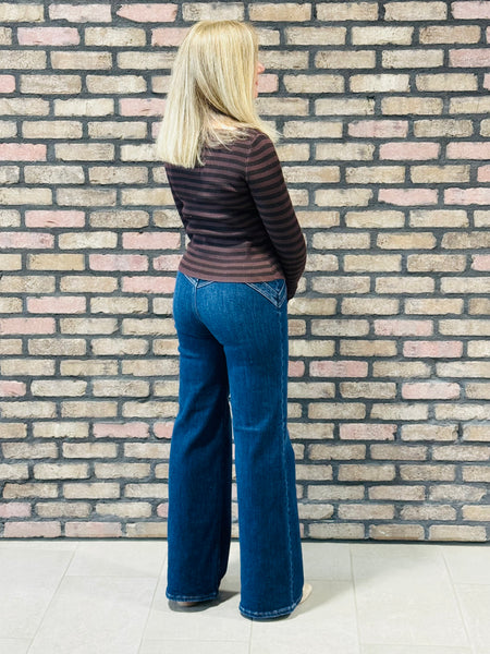 Wide Leg Yoke Detail Jeans - Dark Wash