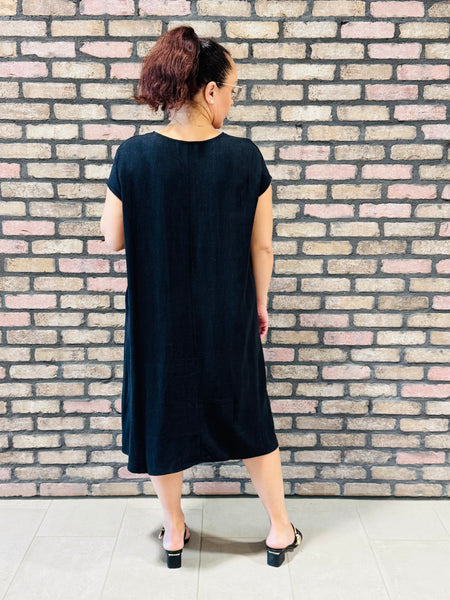 Linen Oversized Midi Dress - Black