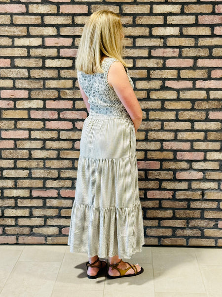 Striped Smocked Tiered Dress - Brown