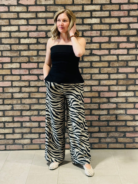 Wide Leg Zebra Print Pants - Taupe/Black