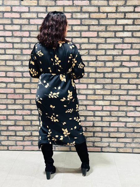 Side Slit Floral Midi Dress - Black