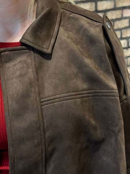 Faux Suede Collared Jacket - Dark Brown