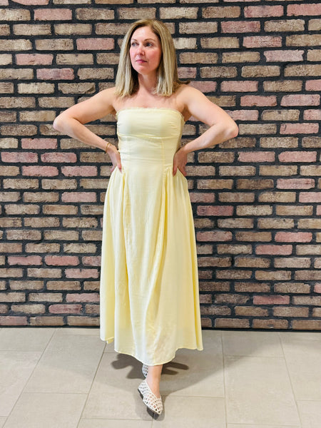 Strapless Gathered Detail Dress -  Butter Yellow