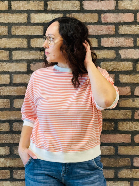 Striped Contrast Trim Top - Coral