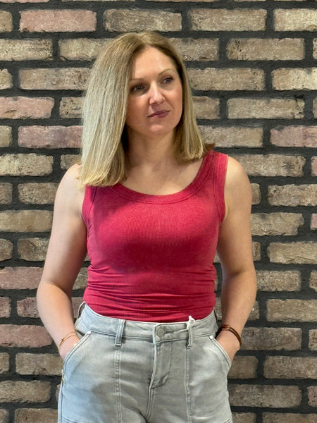 Washed Ribbed Tank Top - DK Red