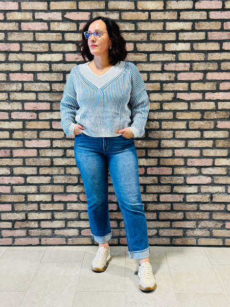 Two-Toned V-Neck Sweater - Blue