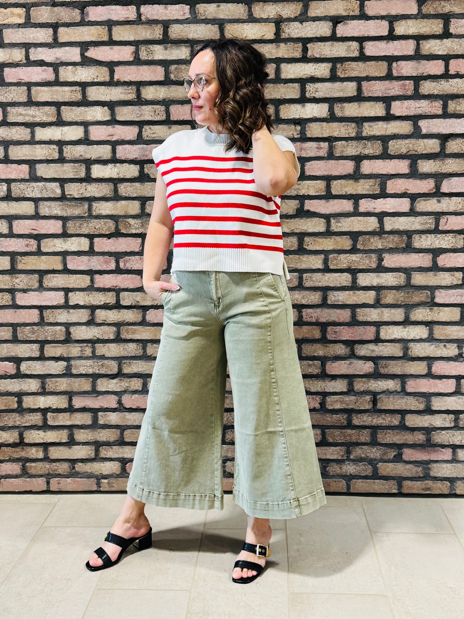 Cropped Gaucho Denim Pants - LT Olive