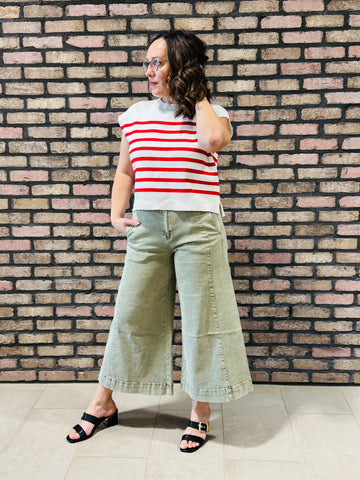 Cropped Gaucho Denim Pants - LT Olive