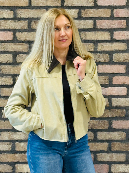 Contrast Corduroy Collar Barn Jacket - Khaki