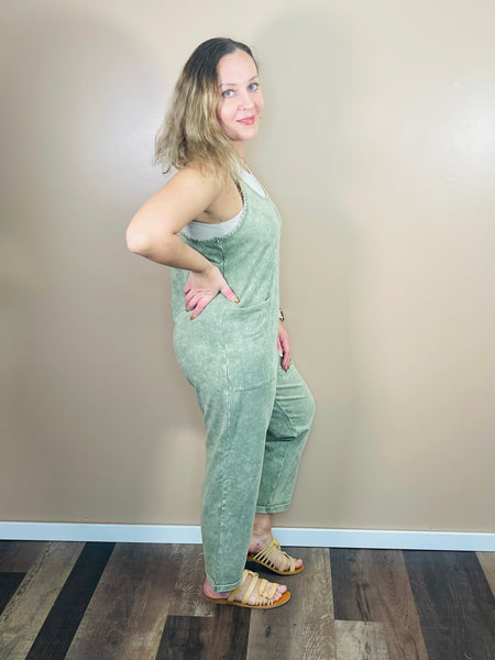Washed Overalls with Pockets - LT Olive