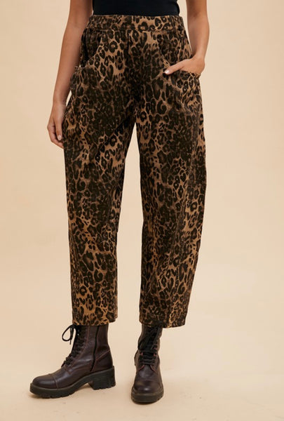 Leopard Print Barrel Twill Pants - Mocha