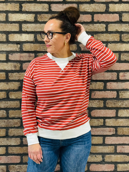 Striped Rib Banded Pullover - Rust