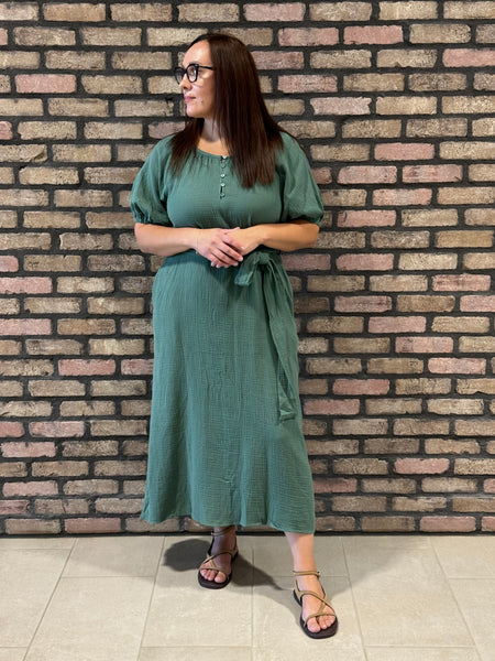 Gauze Henley Midi Dress - Hunter Green
