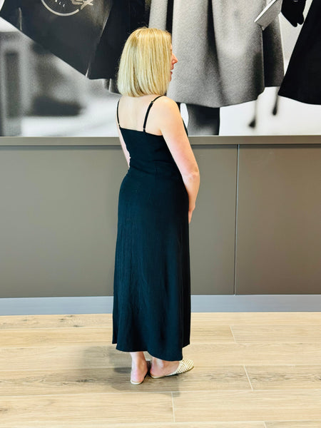 Button Down Front Tie Midi Dress - Black