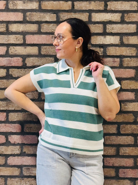 Striped Collared Pullover - Jade