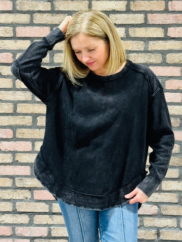 Mineral Wash Elbow Patch Top - Black