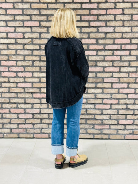 Mineral Wash Elbow Patch Top - Black