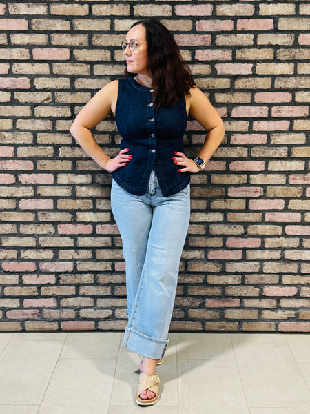 Button Down Denim Vest - Dark Wash